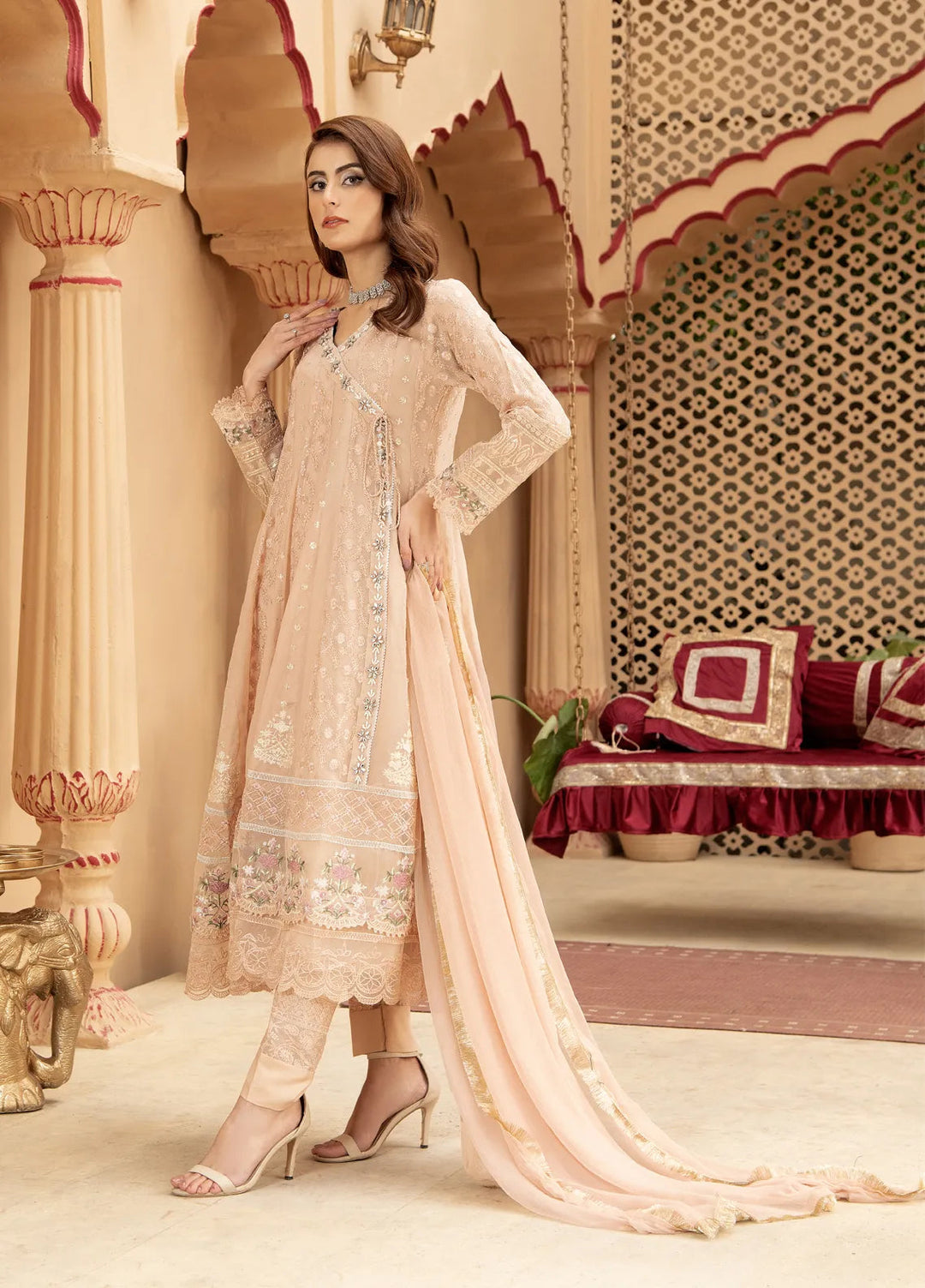 Mona Embroidery Pret Embroidered Chiffon 3 Piece Suit Divinedrape Angrakha-Peach