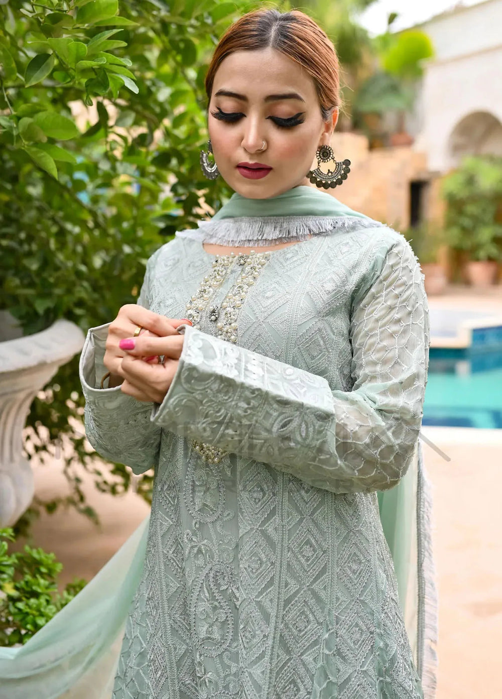 Mona Embroidery Pret Embroidered Chiffon 3 Piece Suit Dusty Affair-Mint-Green