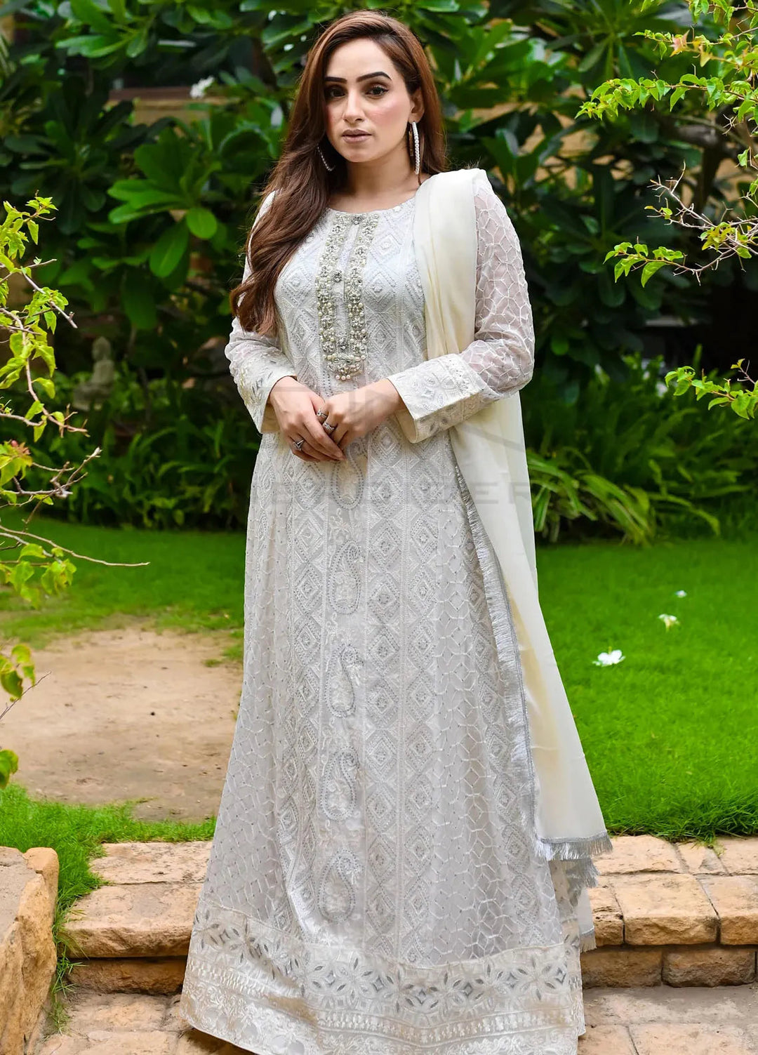 Mona Embroidery Pret Embroidered Chiffon 3 Piece Suit Dusty Affair-Off-White