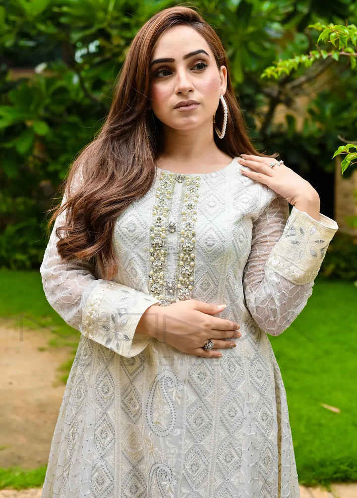 Mona Embroidery Pret Embroidered Chiffon 3 Piece Suit Dusty Affair-Off-White