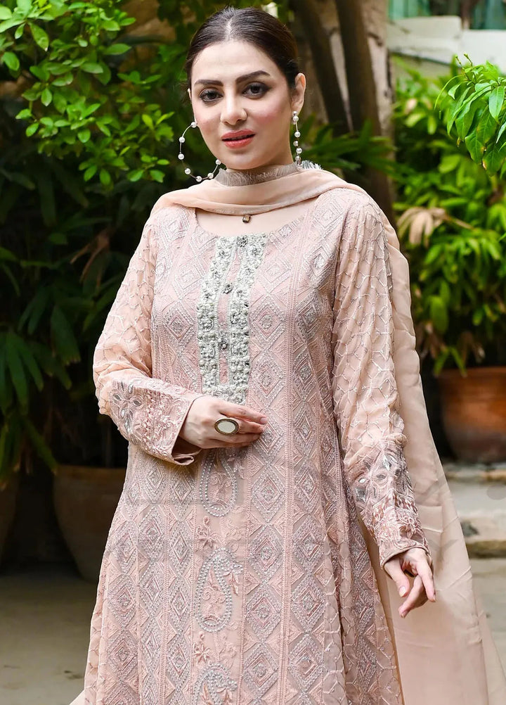 Mona Embroidery Pret Embroidered Chiffon 3 Piece Suit Dusty Affair-Peach