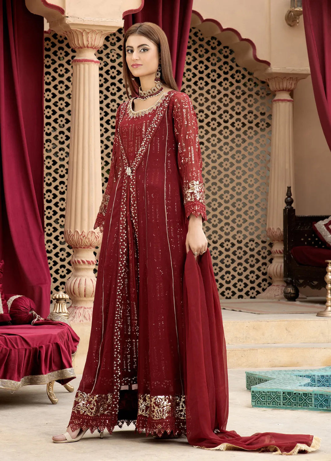 Mona Embroidery Pret Embroidered Chiffon 3 Piece Suit Enchante-Mehroon