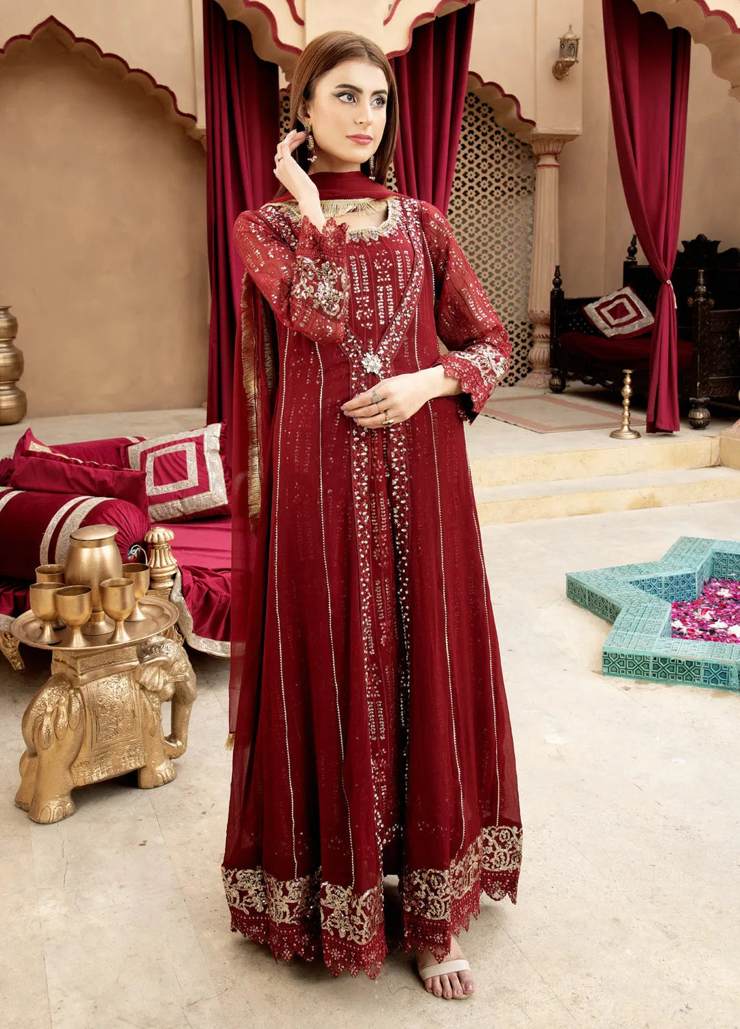Mona Embroidery Pret Embroidered Chiffon 3 Piece Suit Enchante-Mehroon