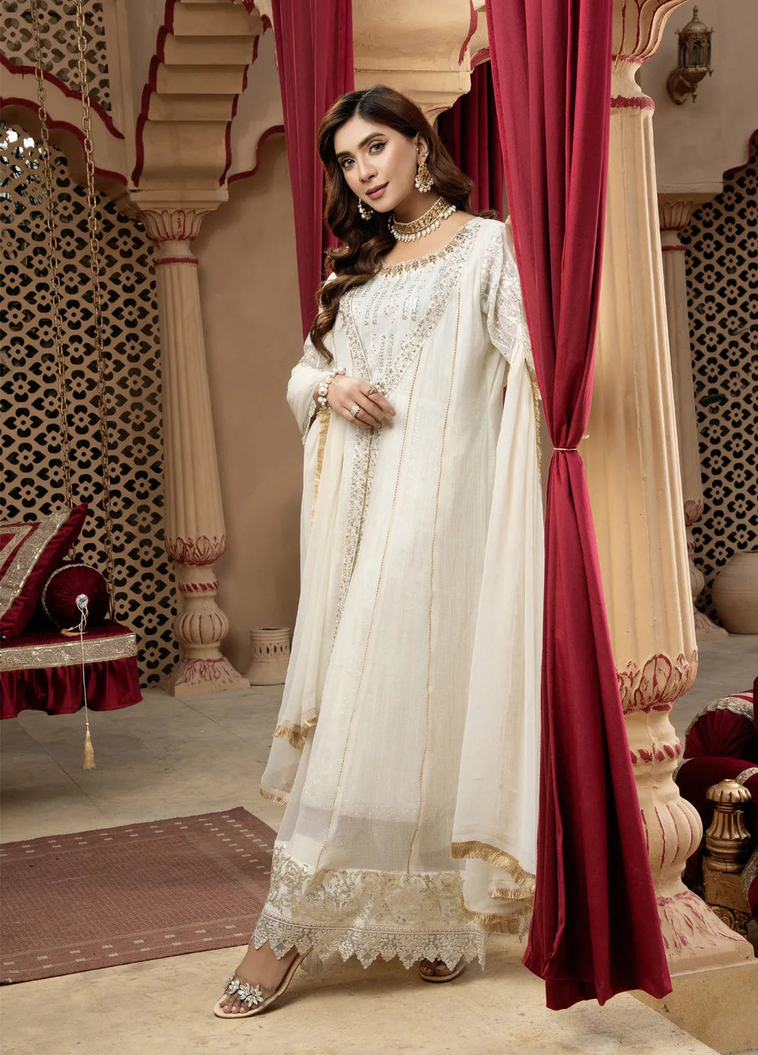 Mona Embroidery Pret Embroidered Chiffon 3 Piece Suit Enchante-Off-White