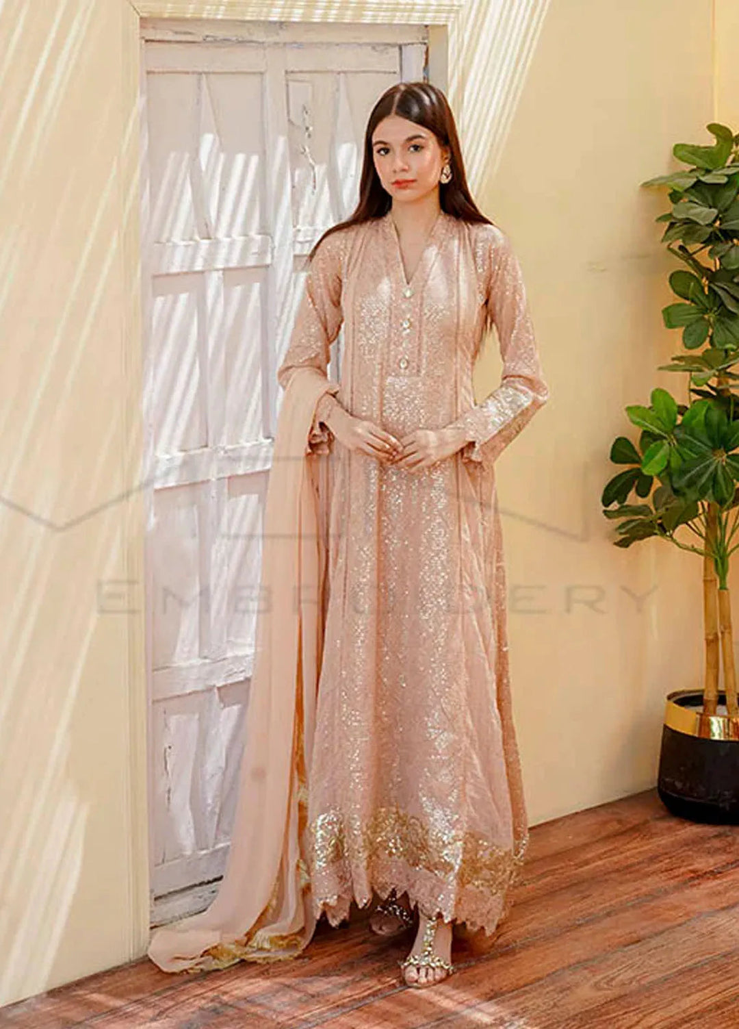 Mona Embroidery Pret Embroidered Chiffon 3 Piece Suit Ethereal Lace Peach
