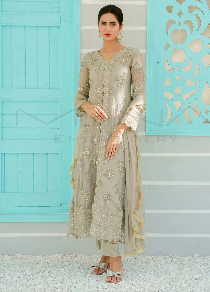 Mona Embroidery Pret Embroidered Chiffon 3 Piece Suit Ethereal Pearl-Camel