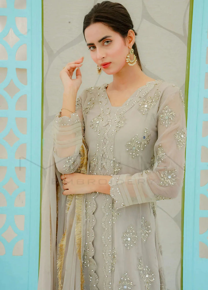 Mona Embroidery Pret Embroidered Chiffon 3 Piece Suit Ethereal Pearl-Camel