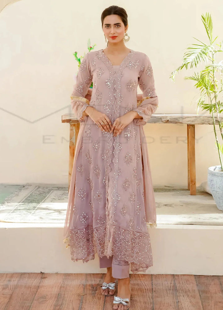 Mona Embroidery Pret Embroidered Chiffon 3 Piece Suit Ethereal Pearl-Lilac