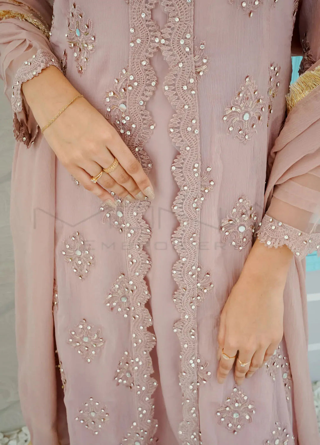 Mona Embroidery Pret Embroidered Chiffon 3 Piece Suit Ethereal Pearl-Lilac