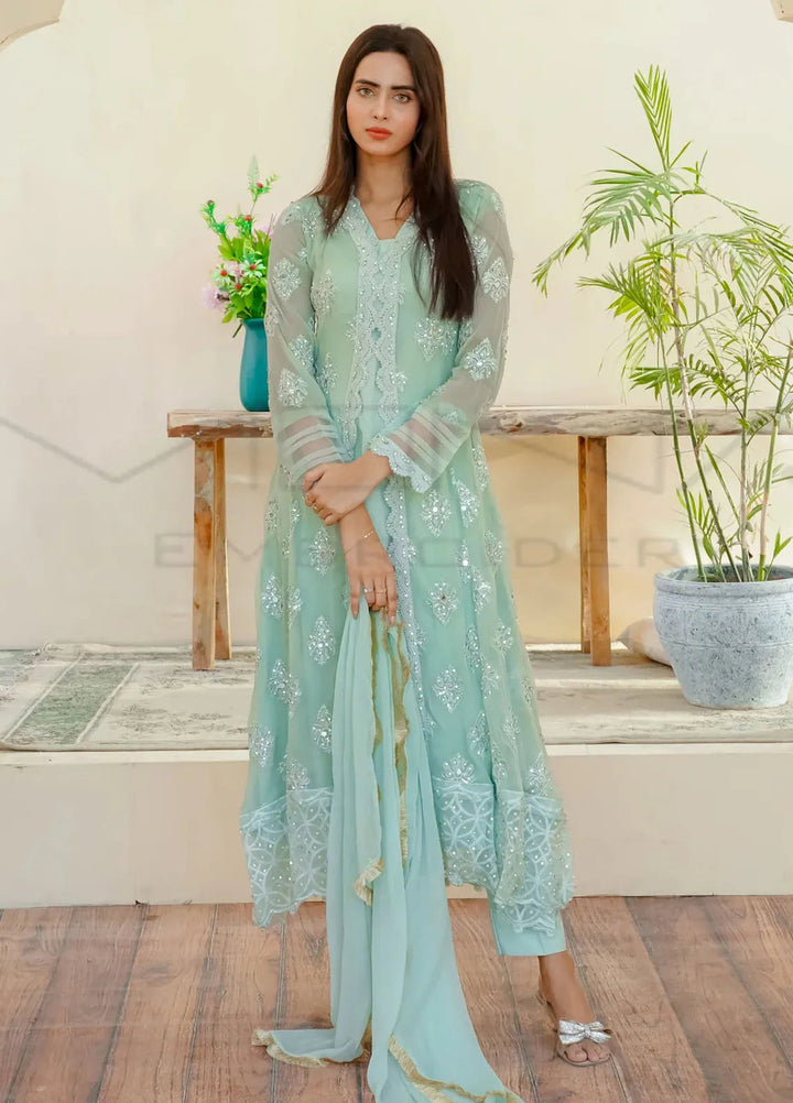 Mona Embroidery Pret Embroidered Chiffon 3 Piece Suit Ethereal Pearl-Mint Green