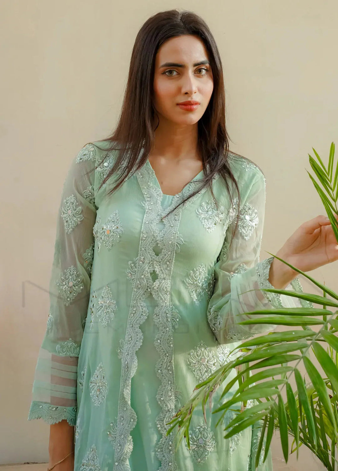 Mona Embroidery Pret Embroidered Chiffon 3 Piece Suit Ethereal Pearl-Mint Green