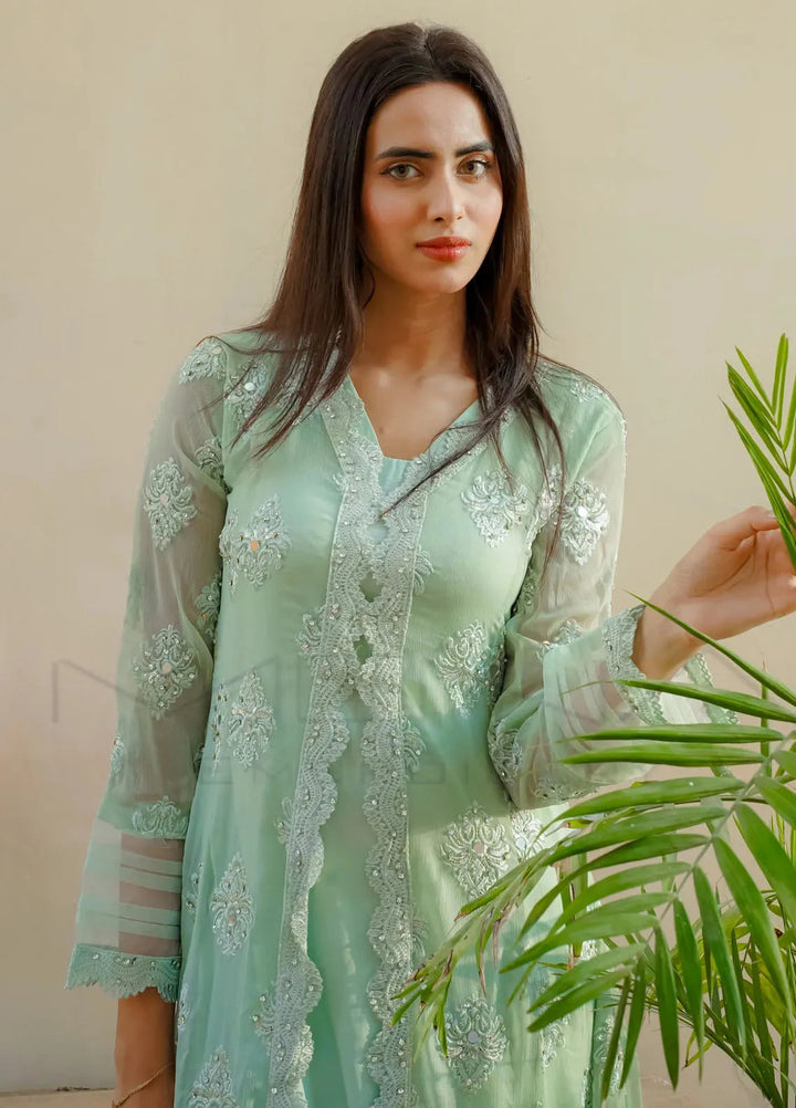 Mona Embroidery Pret Embroidered Chiffon 3 Piece Suit Ethereal Pearl-Mint Green