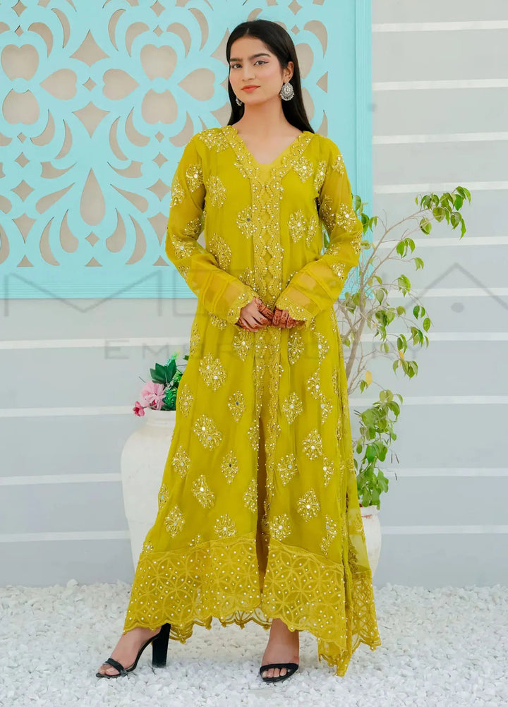 Mona Embroidery Pret Embroidered Chiffon 3 Piece Suit Ethereal Pearl-Olive