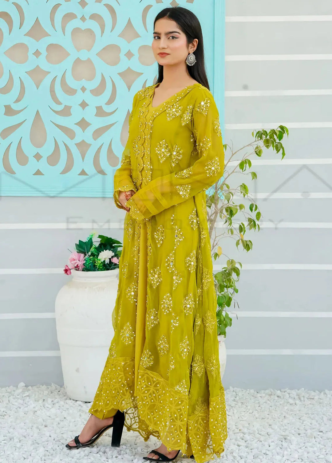Mona Embroidery Pret Embroidered Chiffon 3 Piece Suit Ethereal Pearl-Olive