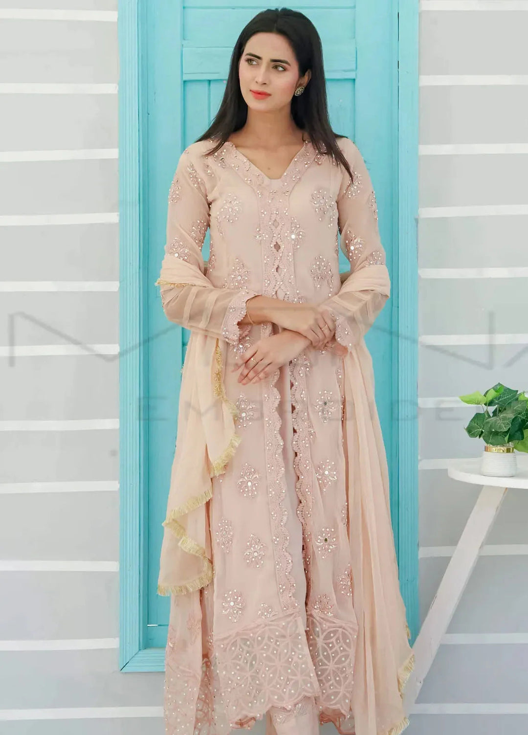 Mona Embroidery Pret Embroidered Chiffon 3 Piece Suit Ethereal Pearl-Peach