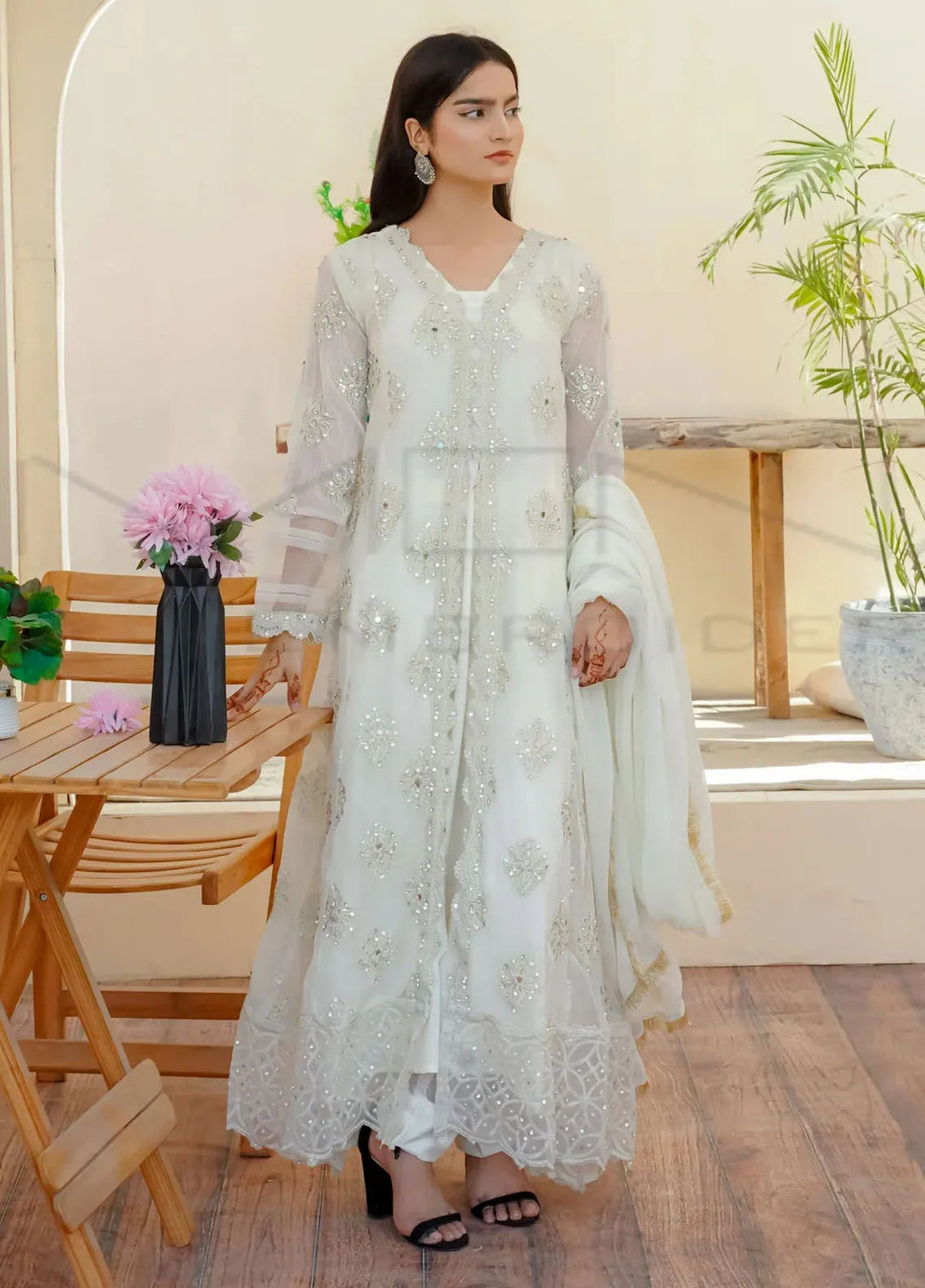 Mona Embroidery Pret Embroidered Chiffon 3 Piece Suit Ethereal Pearl-White