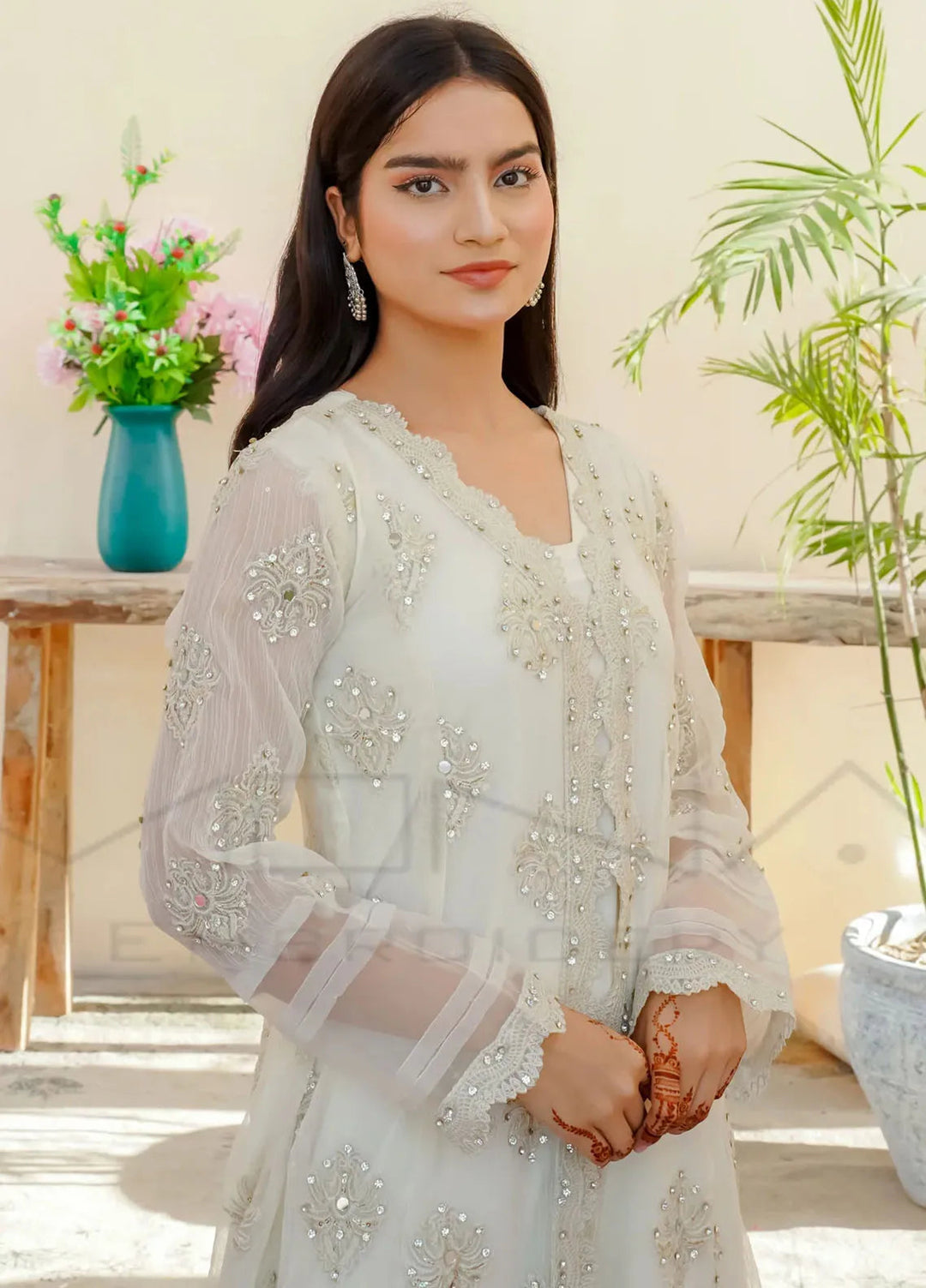 Mona Embroidery Pret Embroidered Chiffon 3 Piece Suit Ethereal Pearl-White