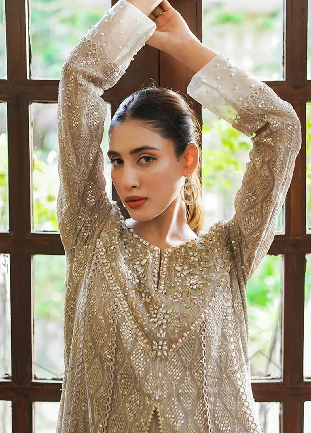 Mona Embroidery Pret Embroidered Chiffon 3 Piece Suit Floral Weaves Camel