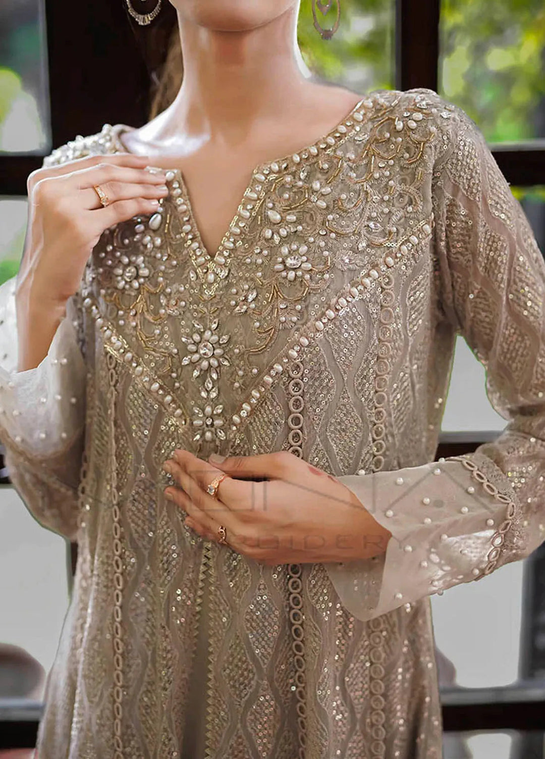 Mona Embroidery Pret Embroidered Chiffon 3 Piece Suit Floral Weaves Camel