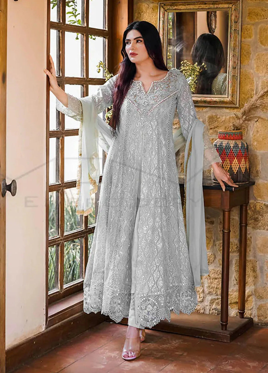 Mona Embroidery Pret Embroidered Chiffon 3 Piece Suit Floral Weaves Mint Green