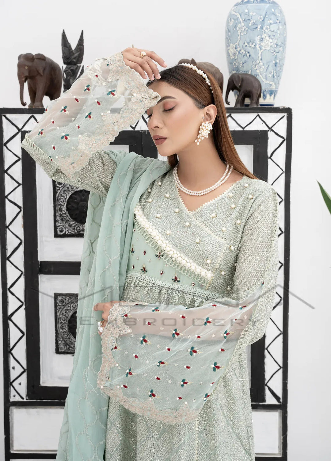 Mona Embroidery Pret Embroidered Chiffon 3 Piece Suit Majestic Allure-Mint-Green
