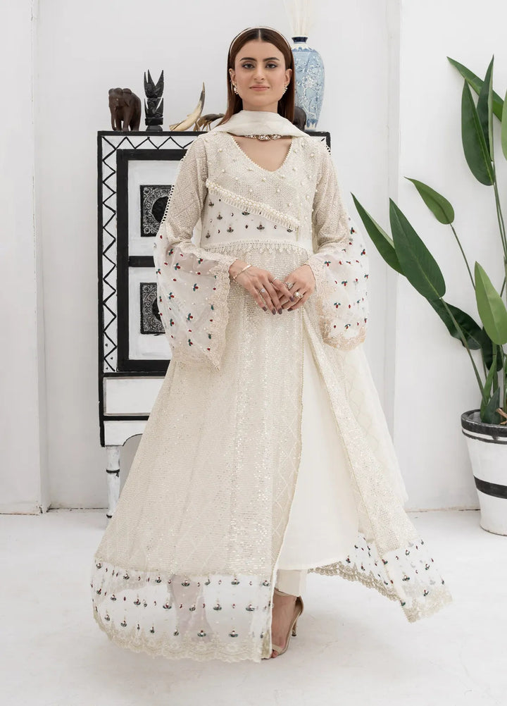 Mona Embroidery Pret Embroidered Chiffon 3 Piece Suit Majestic Allure-Off-White