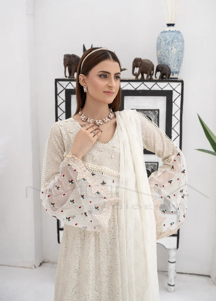 Mona Embroidery Pret Embroidered Chiffon 3 Piece Suit Majestic Allure-Off-White