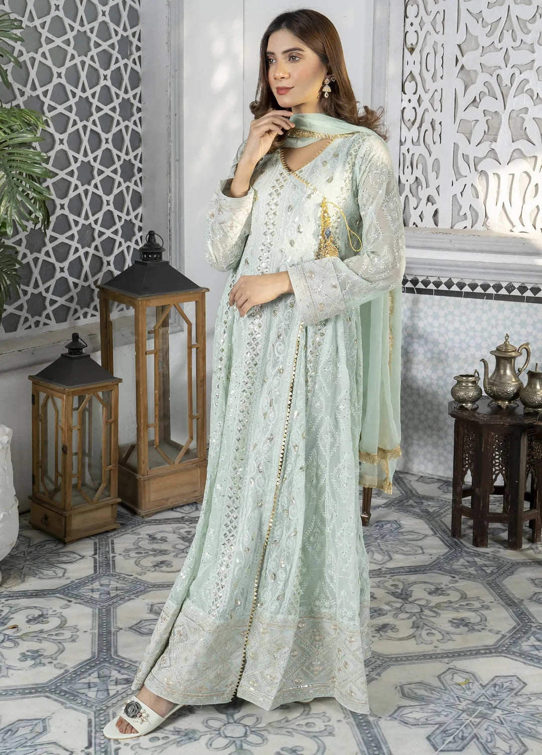 Mona Embroidery Pret Embroidered Chiffon 3 Piece Suit Melanie-Mint-Green