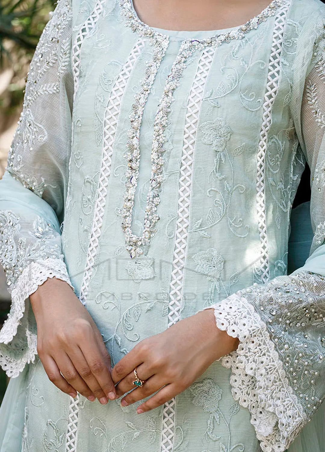 Mona Embroidery Pret Embroidered Chiffon 3 Piece Suit Nocturne Bliss-Mint Green