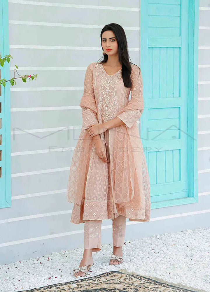 Mona Embroidery Pret Embroidered Chiffon 3 Piece Suit Ornate Blossoms Peach