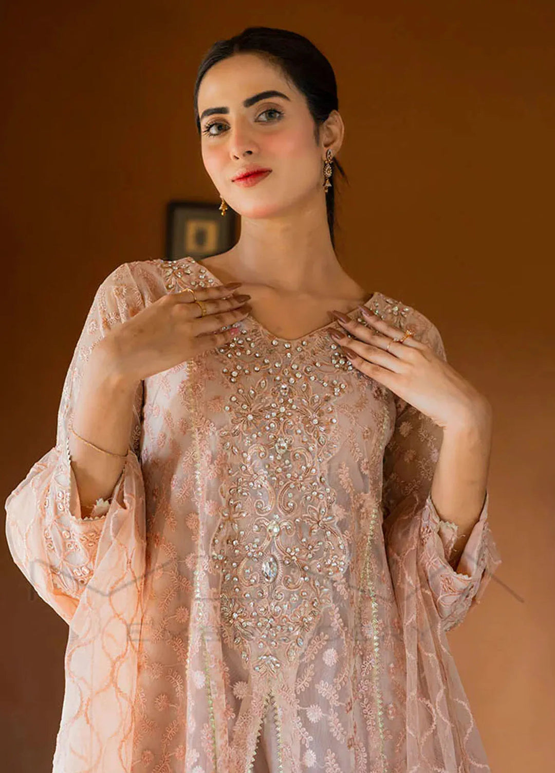 Mona Embroidery Pret Embroidered Chiffon 3 Piece Suit Ornate Blossoms Peach