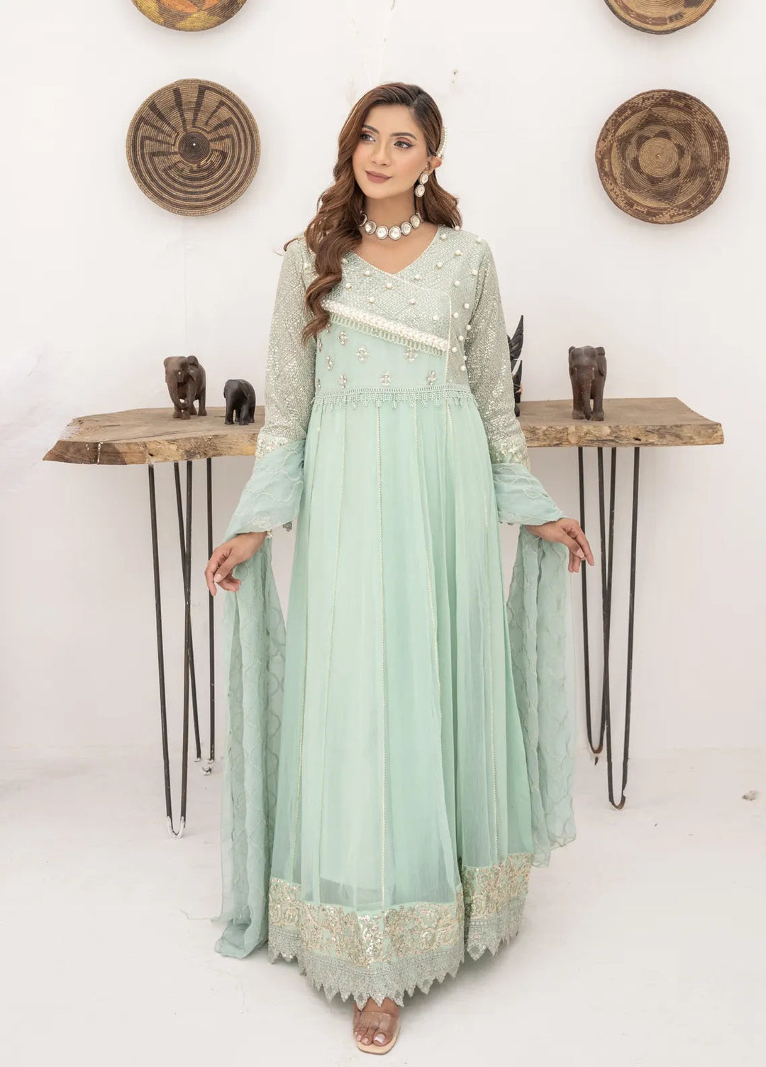 Mona Embroidery Pret Embroidered Chiffon 3 Piece Suit Regal Radiance-Mint-Green