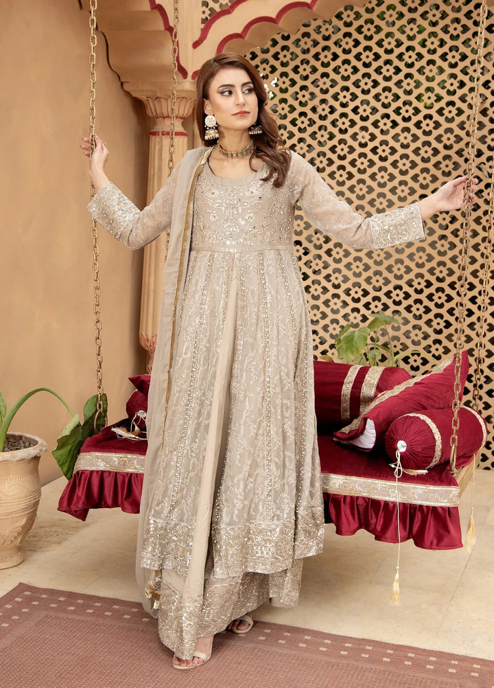 Mona Embroidery Pret Embroidered Chiffon 3 Piece Suit Serene-Light-Brown