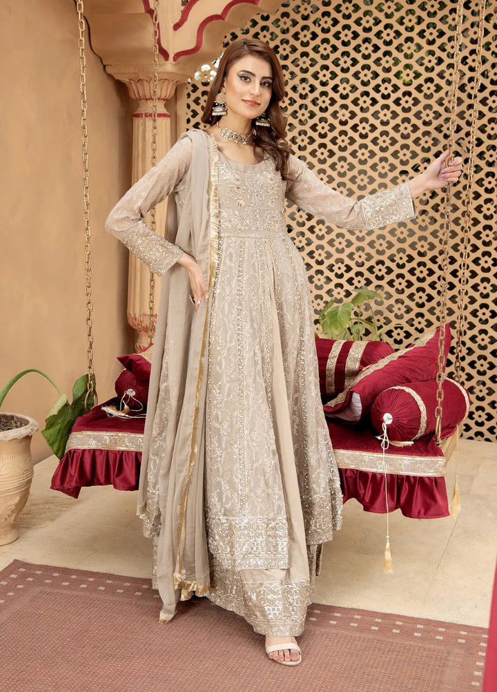 Mona Embroidery Pret Embroidered Chiffon 3 Piece Suit Serene-Light-Brown