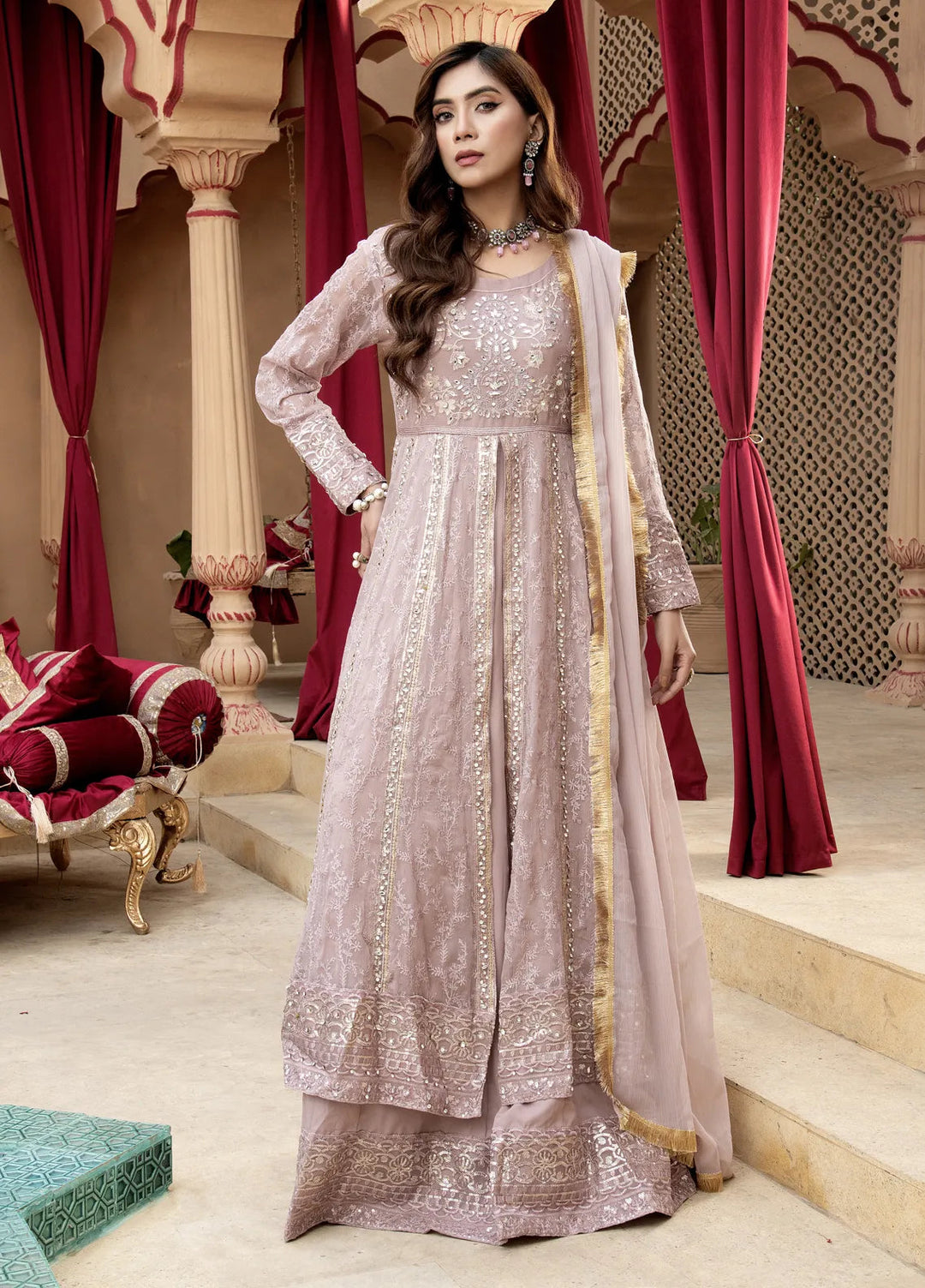 Mona Embroidery Pret Embroidered Chiffon 3 Piece Suit Serene-Lilac