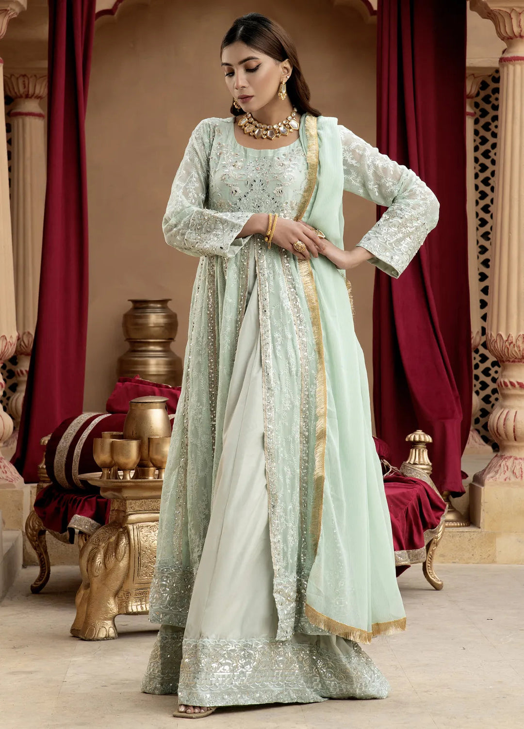 Mona Embroidery Pret Embroidered Chiffon 3 Piece Suit Serene-Mint-Green