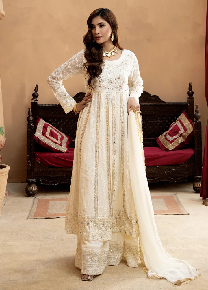 Mona Embroidery Pret Embroidered Chiffon 3 Piece Suit Serene-Off-White