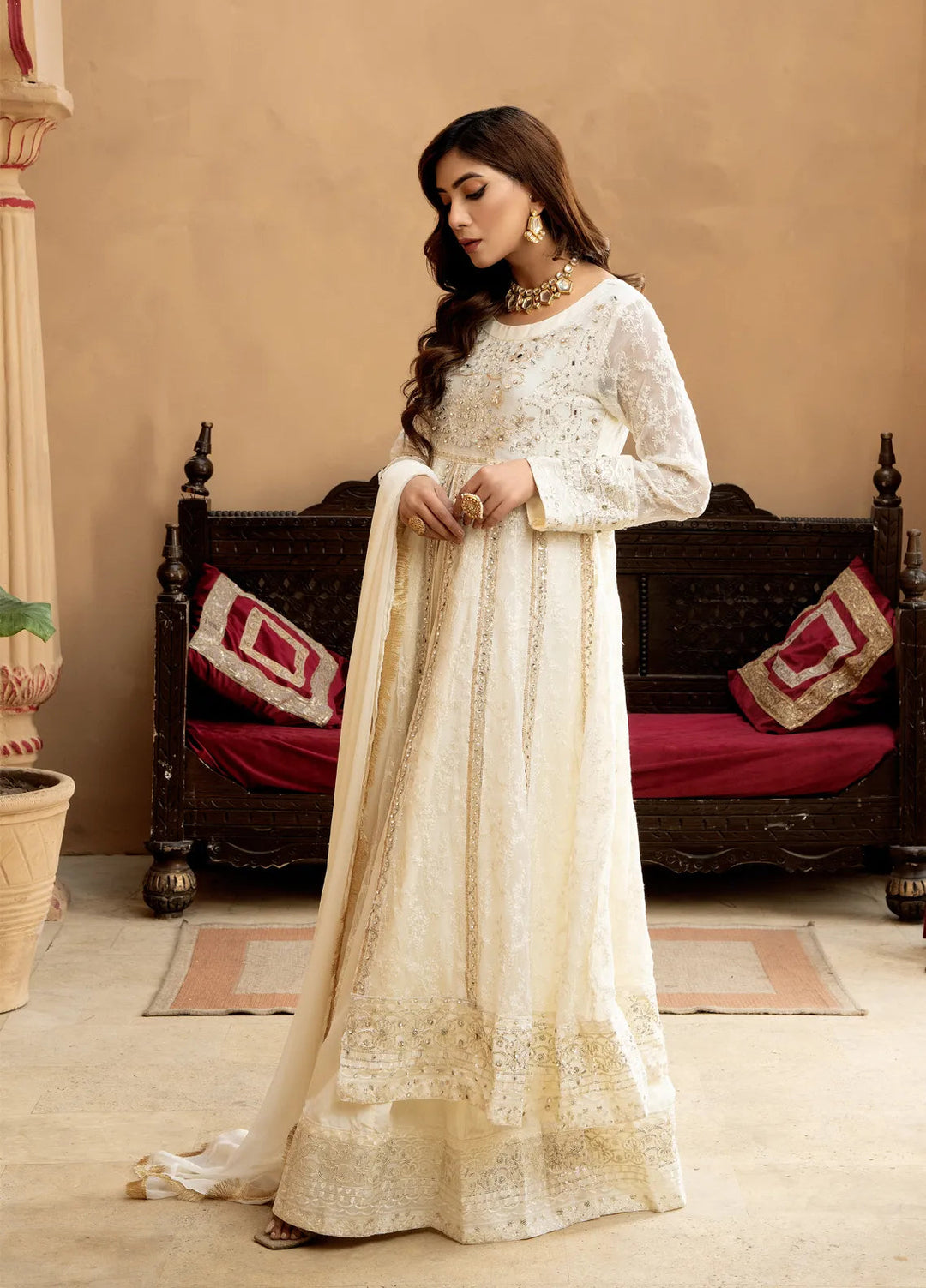 Mona Embroidery Pret Embroidered Chiffon 3 Piece Suit Serene-Off-White