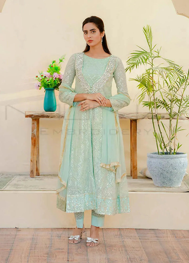 Mona Embroidery Pret Embroidered Chiffon 3 Piece Suit Silhouette Elegance Mint Green