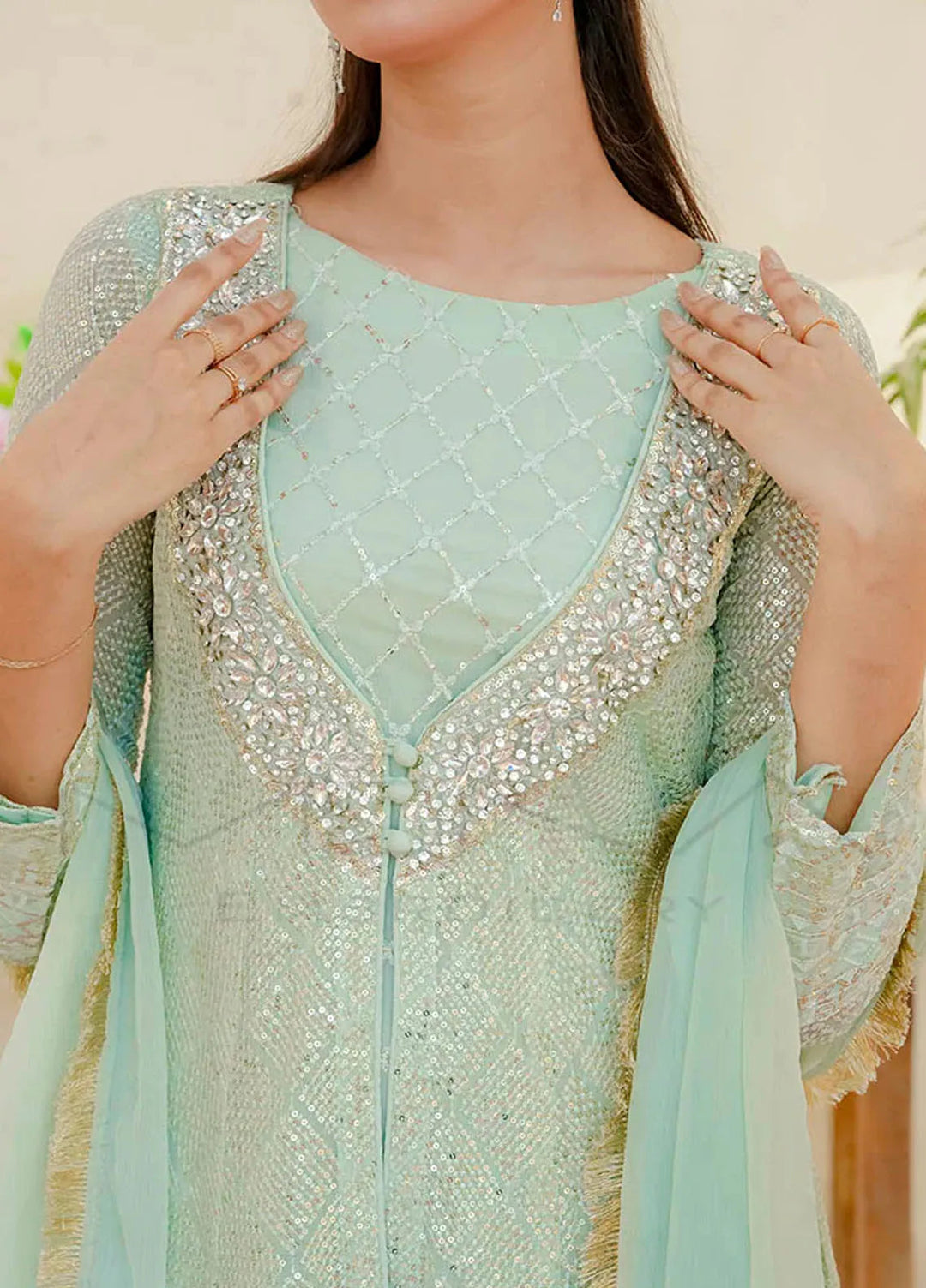Mona Embroidery Pret Embroidered Chiffon 3 Piece Suit Silhouette Elegance Mint Green
