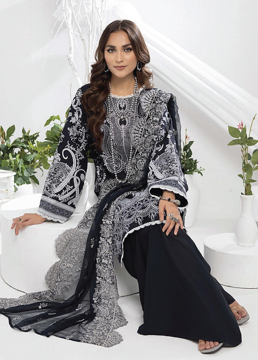 Monochrome By Humdum Embroidered Lawn Suits Unstitched 3 Piece HD23MC D-06 - Summer Collection