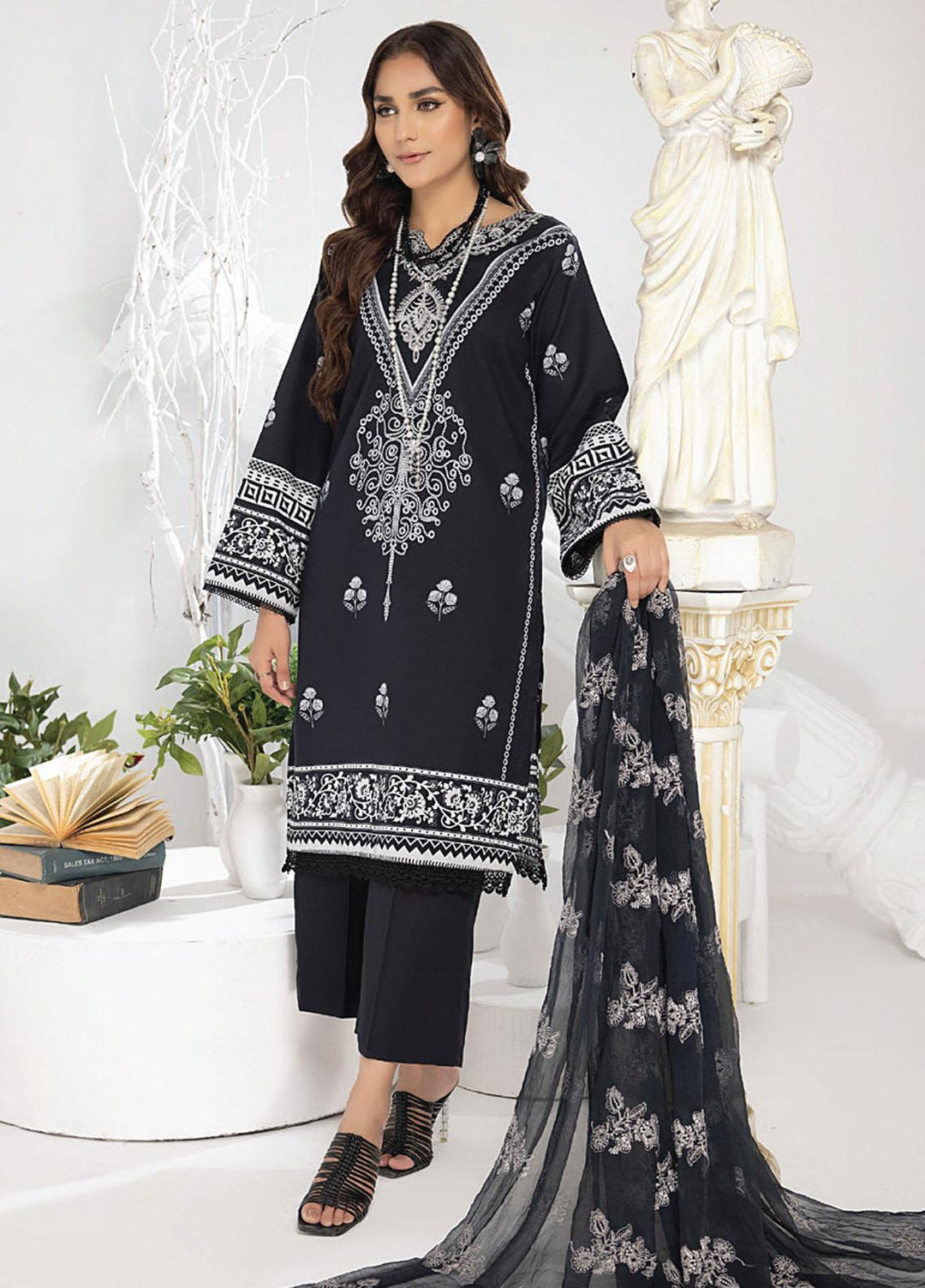 Monochrome By Humdum Embroidered Lawn Suits Unstitched 3 Piece HD23MC D-10 - Summer Collection