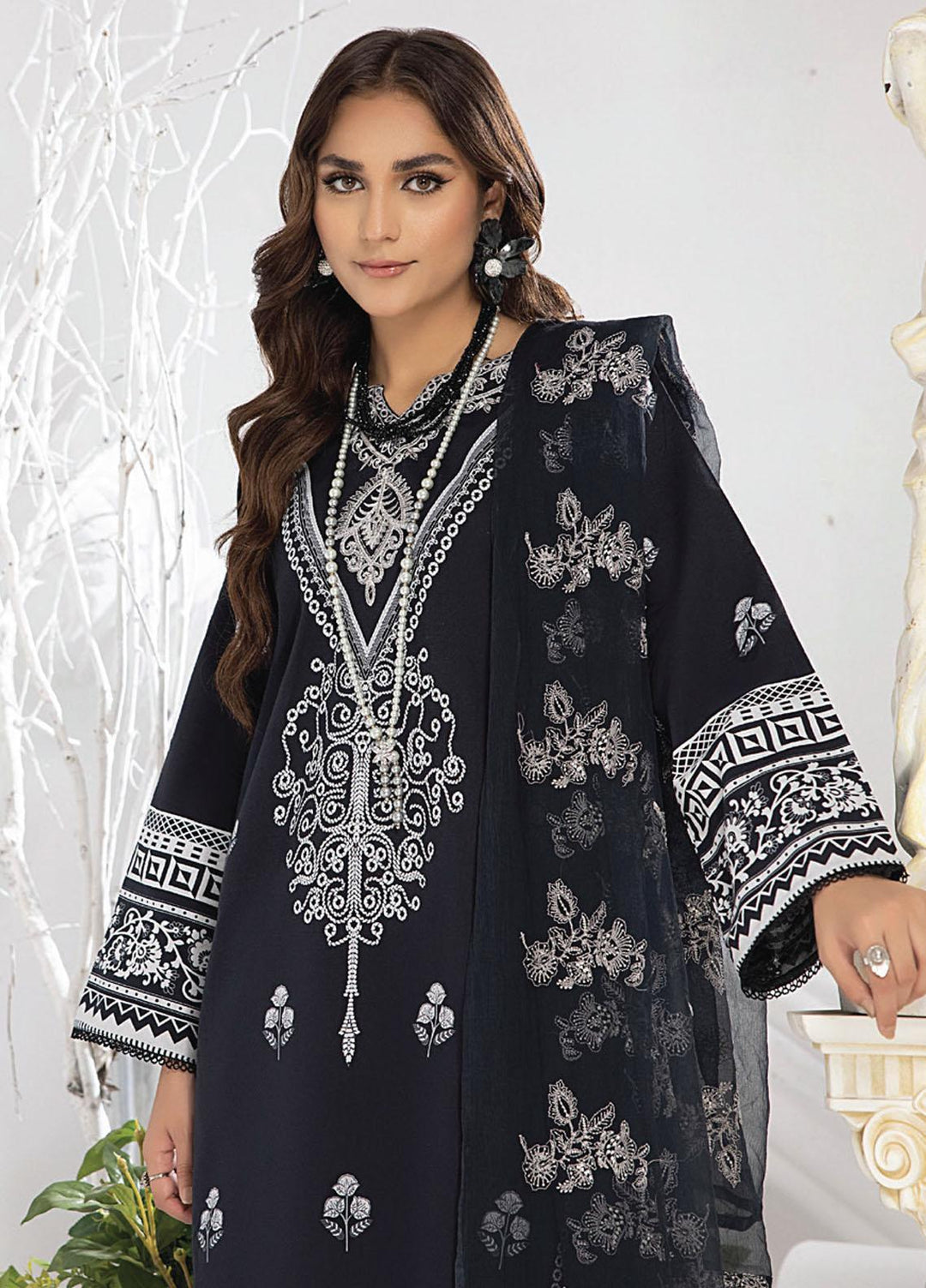 Monochrome By Humdum Embroidered Lawn Suits Unstitched 3 Piece HD23MC D-10 - Summer Collection