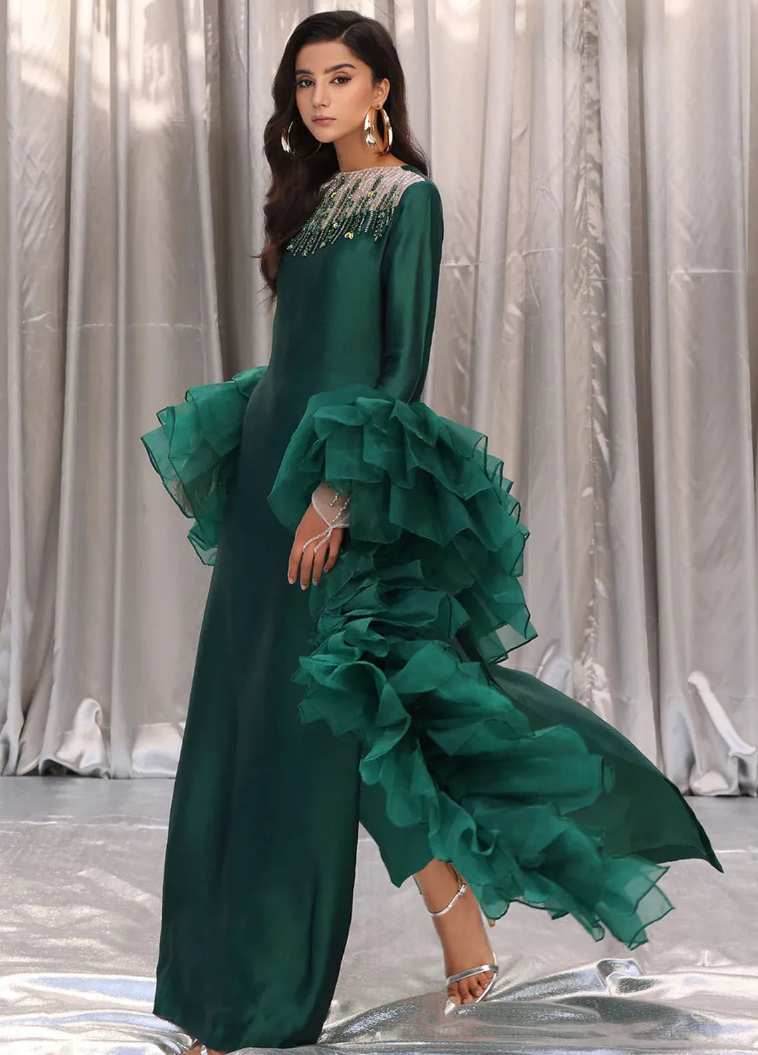 Moonlit Glam by Musferah Saad Pret Embroidered Tissue Silk 2 Piece Suit Emerald Chic