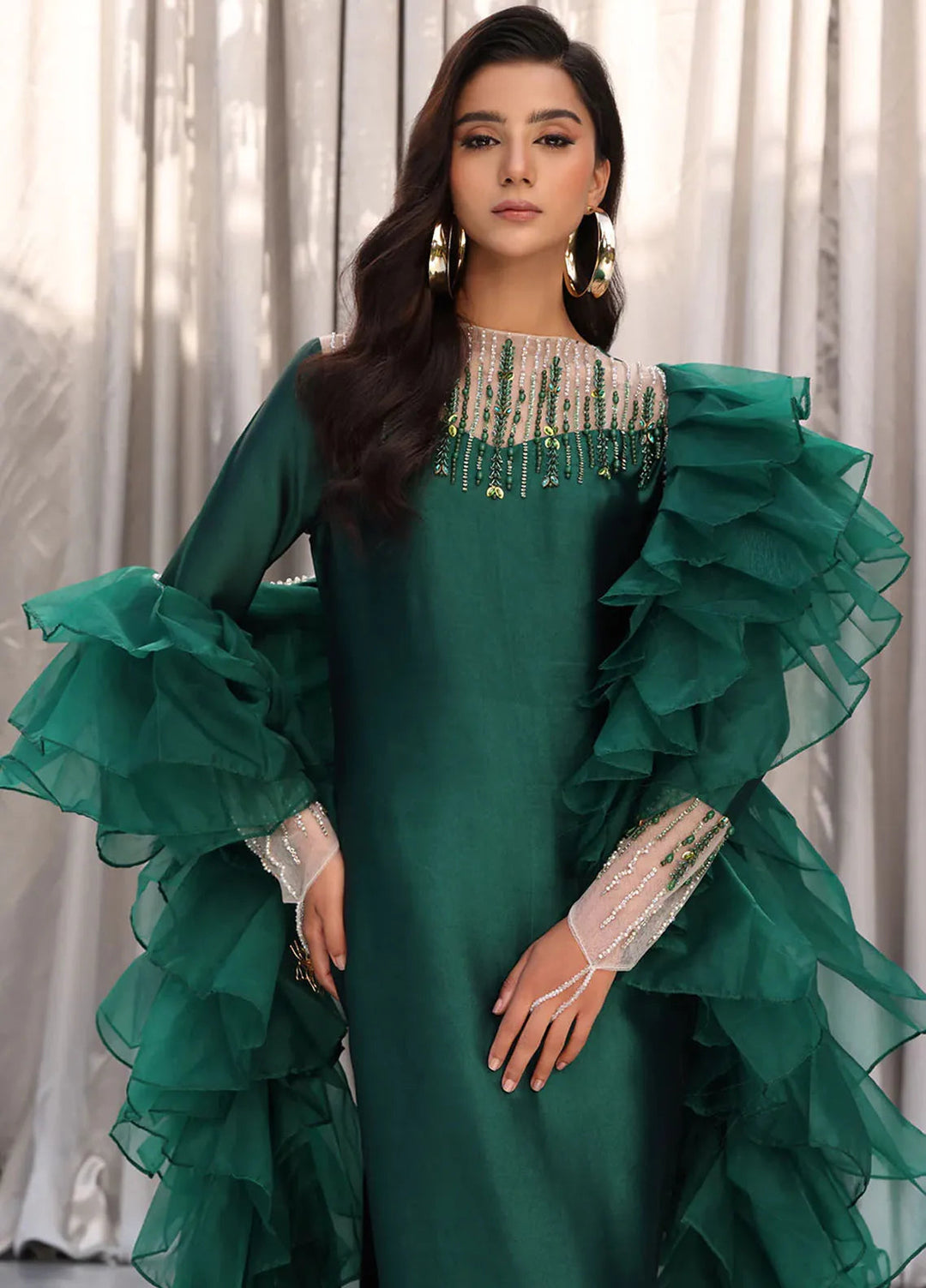 Moonlit Glam by Musferah Saad Pret Embroidered Tissue Silk 2 Piece Suit Emerald Chic