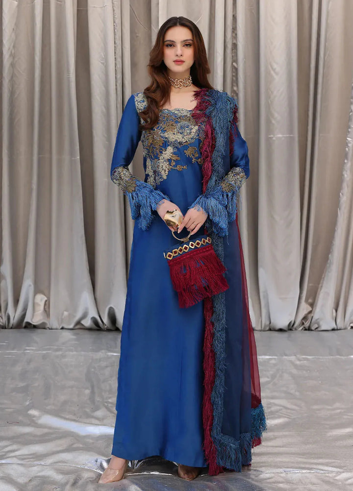 Moonlit Glam by Musferah Saad Pret Embroidered Tissue Silk 3 Piece Suit Celestial Ocean