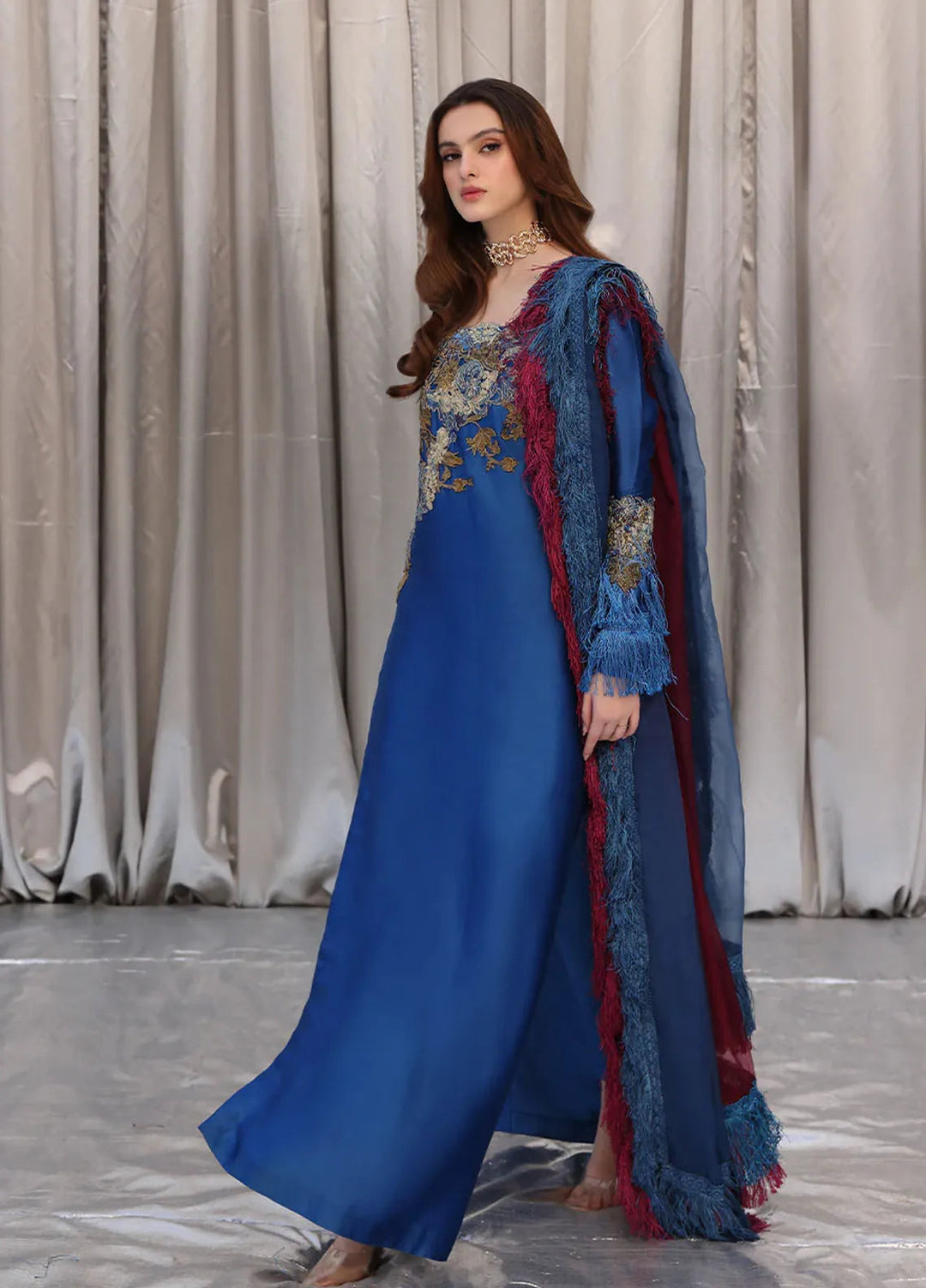 Moonlit Glam by Musferah Saad Pret Embroidered Tissue Silk 3 Piece Suit Celestial Ocean