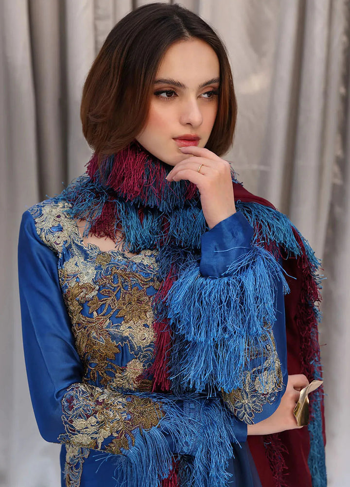 Moonlit Glam by Musferah Saad Pret Embroidered Tissue Silk 3 Piece Suit Celestial Ocean