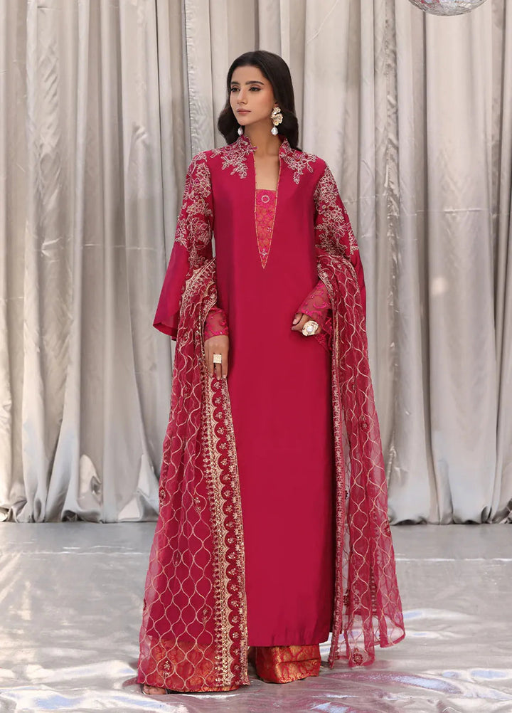 Moonlit Glam by Musferah Saad Pret Embroidered Tissue Silk 3 Piece Suit Cherry Wine
