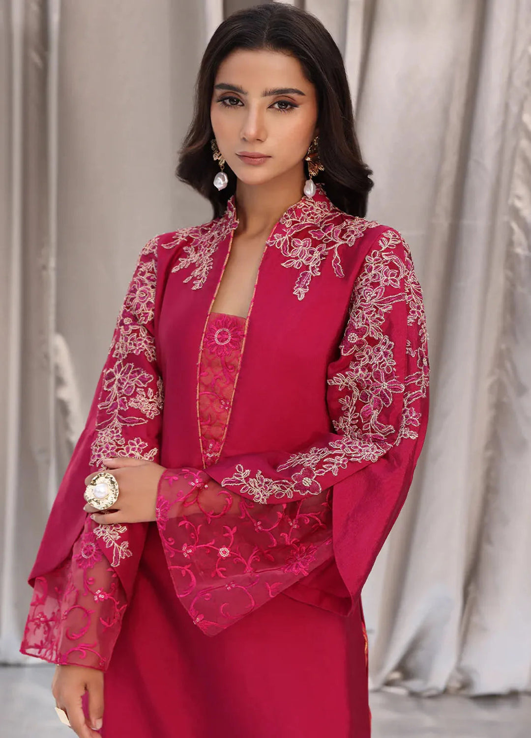 Moonlit Glam by Musferah Saad Pret Embroidered Tissue Silk 3 Piece Suit Cherry Wine